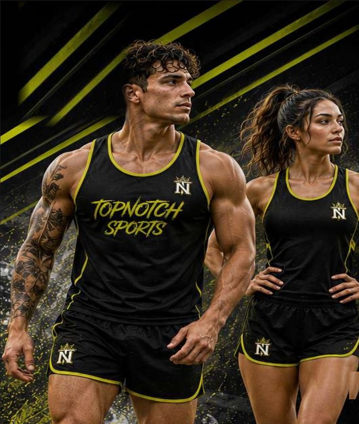 Two athletes in black and neon-yellow Top Notch Sports custom tank tops